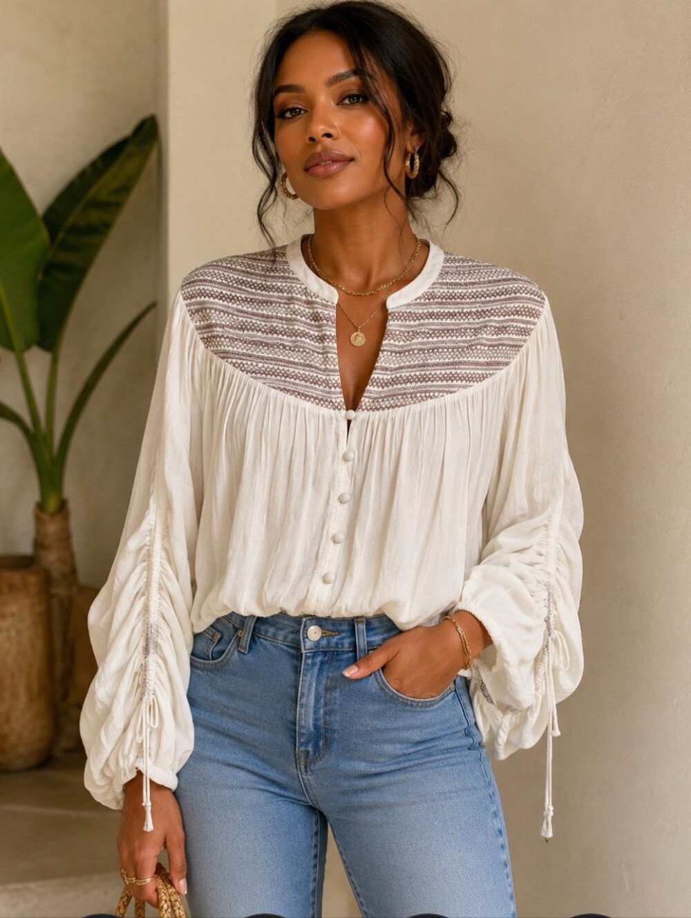 Free People Off White Draped Sleeve Button Front Embroidered Size Xs New WithTag